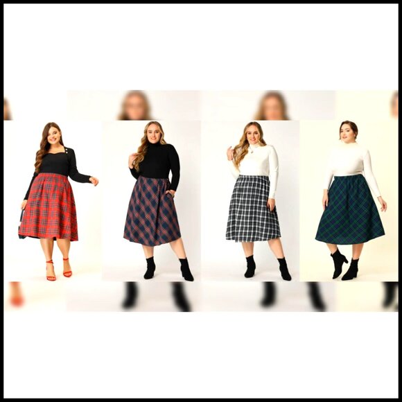 Plus Size A-Line Midi Skirt Elastic Waist Flare Hem Plaid Print - Picture 6 of 6